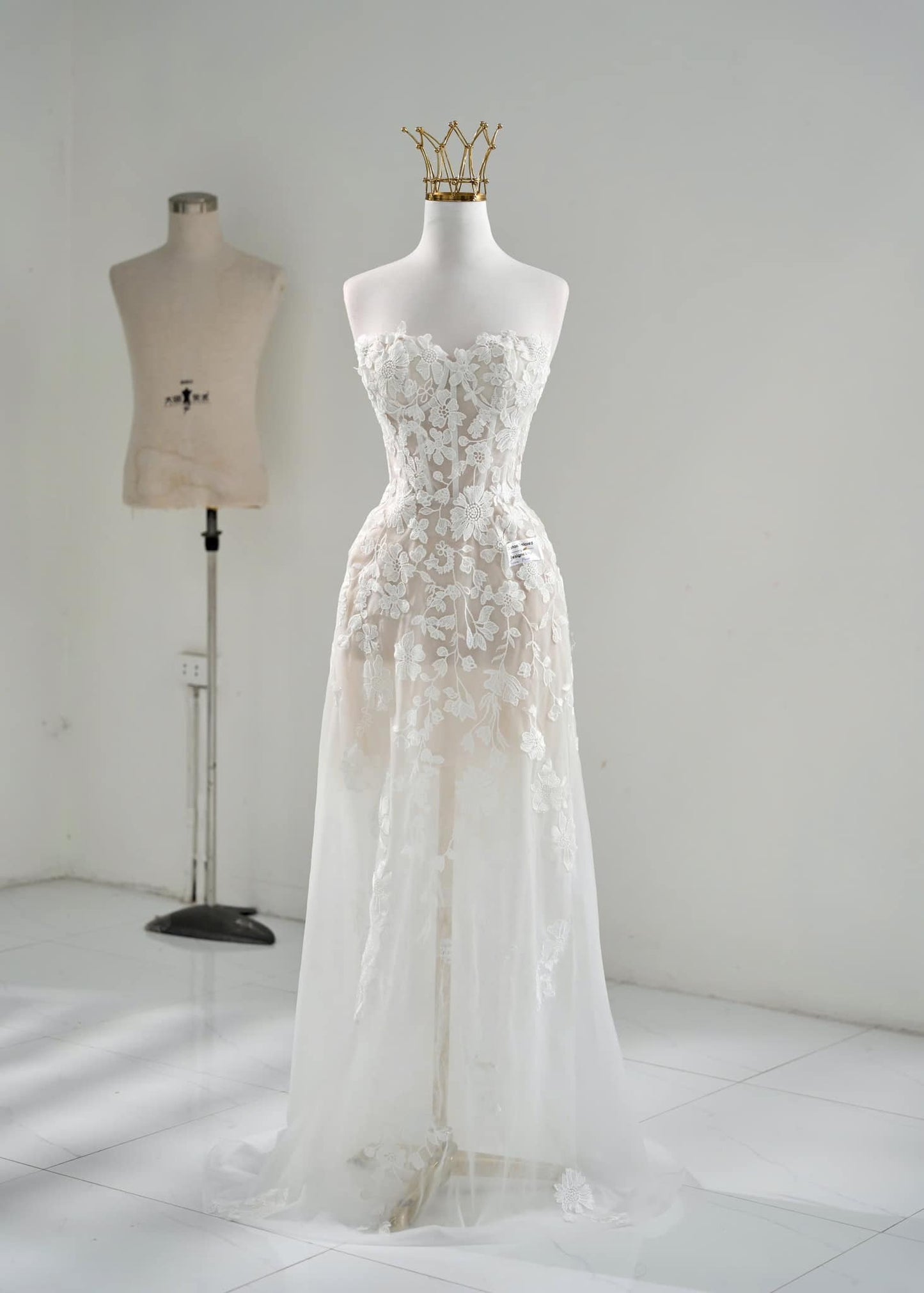 Ethereal Lace Strapless Wedding Gown with Detachable Overskirt