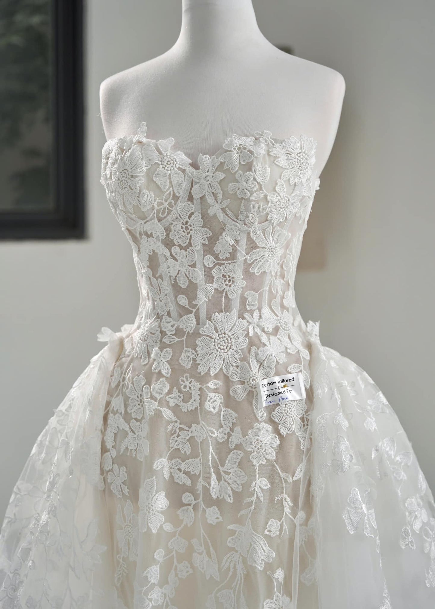Ethereal Lace Strapless Wedding Gown with Detachable Overskirt