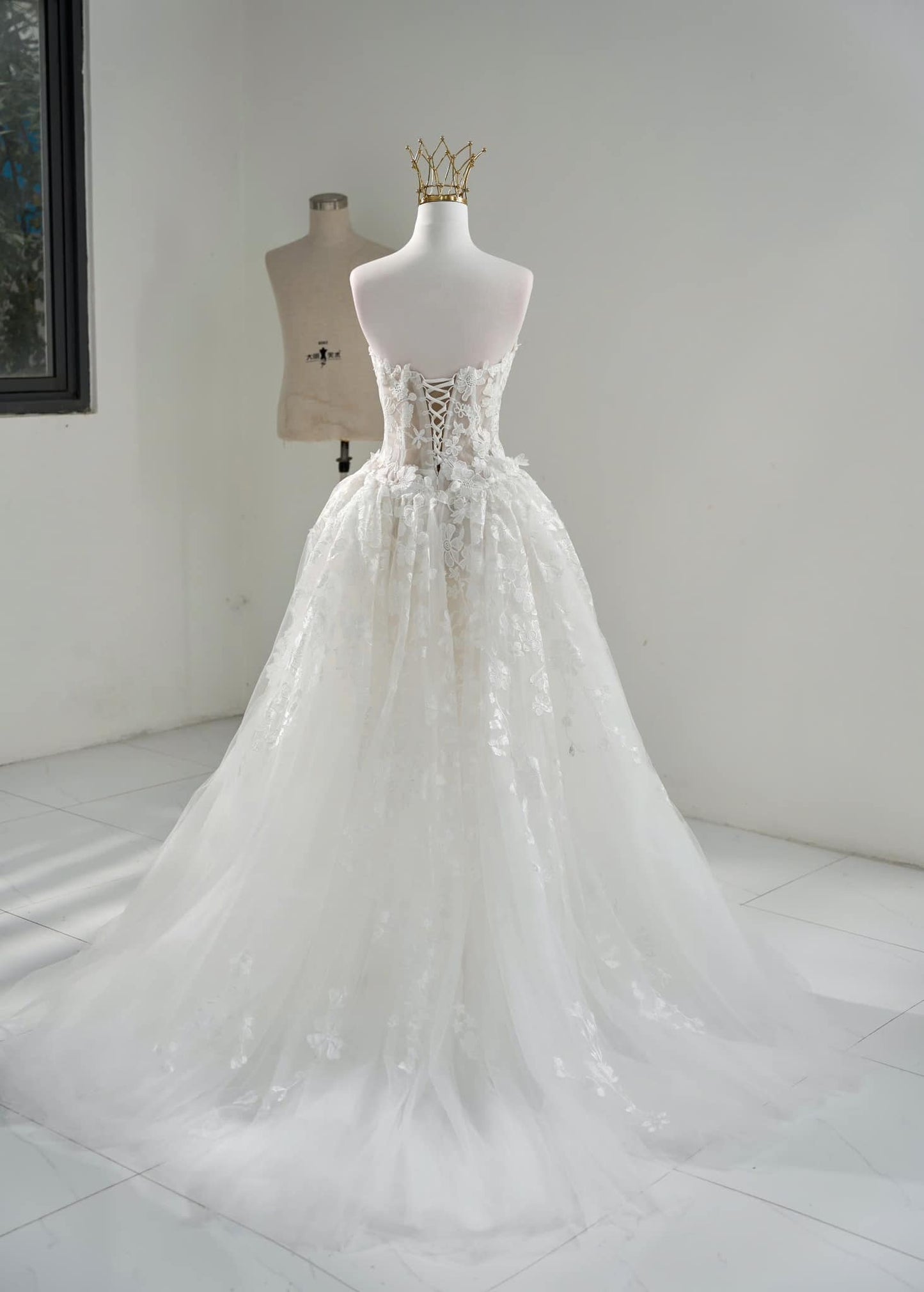 Ethereal Lace Strapless Wedding Gown with Detachable Overskirt