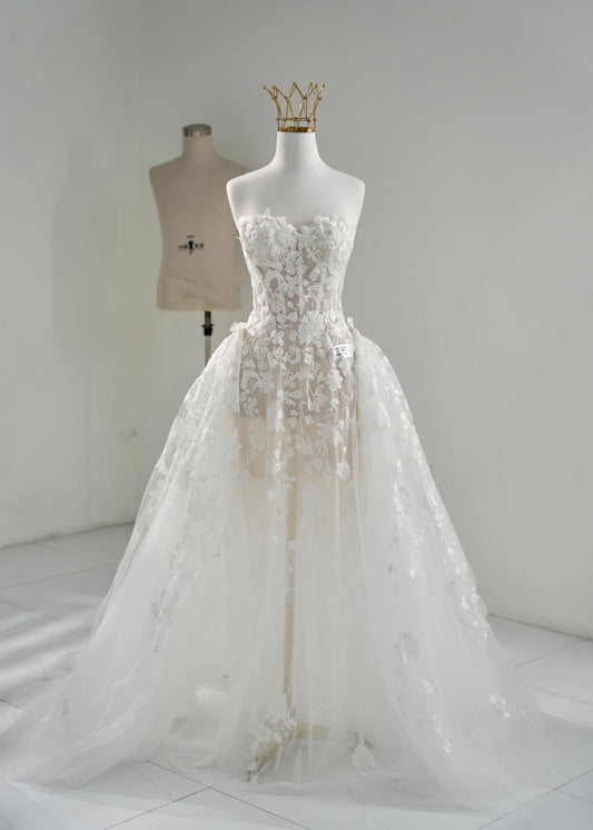 Ethereal Lace Strapless Wedding Gown with Detachable Overskirt
